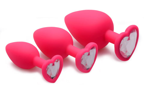 Pink Hearts 3 Piece Silicone Anal Plugs with Gem Accents