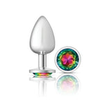 Cheeky Charms Silver Round Butt Plug w Rainbow Jewel Large