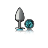 Cheeky Charms Gunmetal Round Butt Plug w Teal Jewel Large