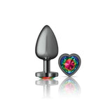 Cheeky Charms Gunmetal  Butt Plug w Heart Rainbow Jewel Large