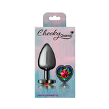 Cheeky Charms Gunmetal  Butt Plug w Heart Rainbow Jewel Large