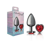 Cheeky Charms Gunmetal  Butt Plug w Heart Red Jewel Large