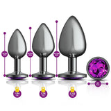 Cheeky Charms Round Metal Butt Plug Gunmetal 3 Pc Kit w Purple Jewel